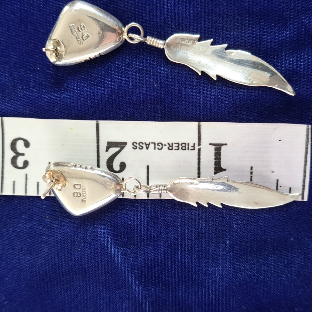 Vintage Native American Turquoise Sterling Silver Feather Earrings Signed - Picture 9 of 15